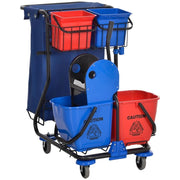 CARRELLO PULIZIE CON SACCO PER IMMONDIZIA, 4 SECCHI E STRIZZATORE PER MOCIO, 93X80X97 CM, ROSSO BLU E NERO