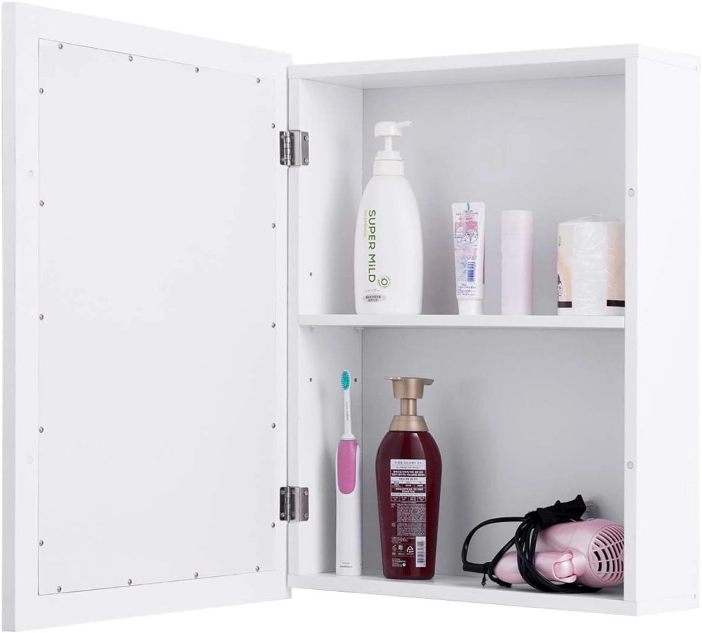 Armadietto da Bagno con Specchiera, Specchio da Parete, Armadietto da Muro per Bagno, 2 in 1 Design Specchio, Ripiano Regolabile in Altezza, Legno, 50 x 16 x 66 cm (Bianco)