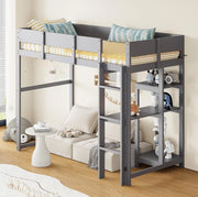Letto a soppalco 90x200 cm con ripiano; in legno massello di pino; grigio