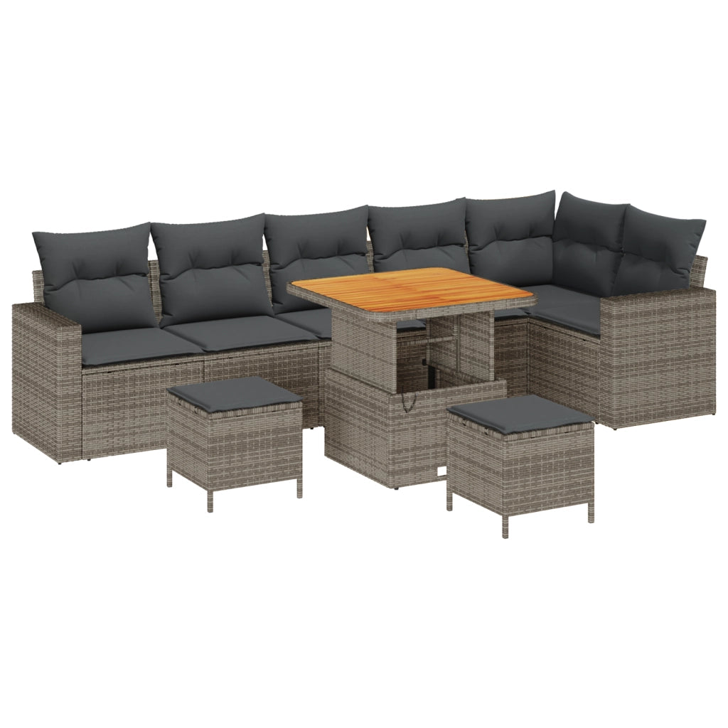 Set Divano da Giardino da 9 Pezzi con Cuscini Grigio Polyrattan Acacia
