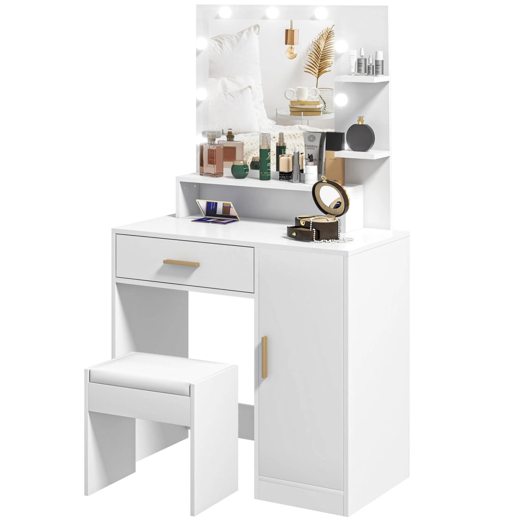 Cassettiera da trucco con specchio LED e sgabello ¨C zephmum ¨C bianco 60x40x