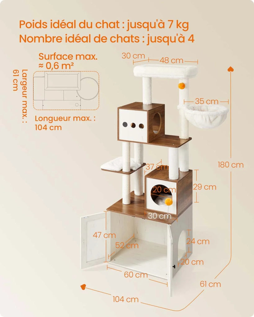 Tiragraffi moderno con copertura per lettiera torre gioco tiragraffi con lettiera 185 cm nascondiglio piattaforma tappetini lavabili beige 12_0003867