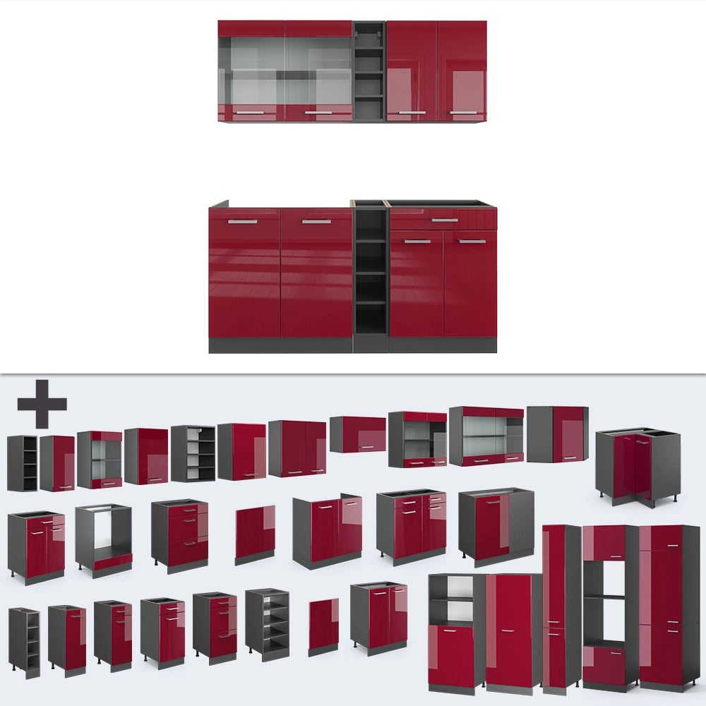 Vicco Cucina completa Rosso lucido/antracite 160 cm senza piano di lavoro