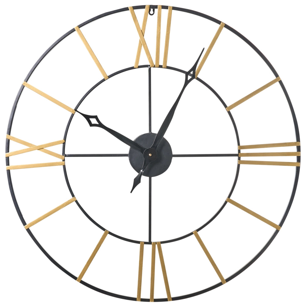 Orologio da parete in ferro Nero e dorato con numeri romani a superficie aperta design moderno per la casa