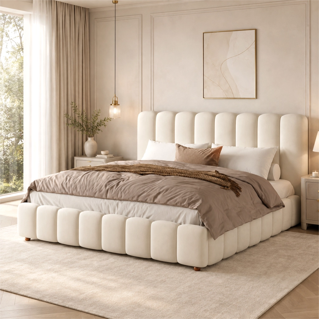 Letto contenitore matrimoniale 160 × 200 cm con sollevamento idraulico e rete inclusa, senza materasso, in velluto beige