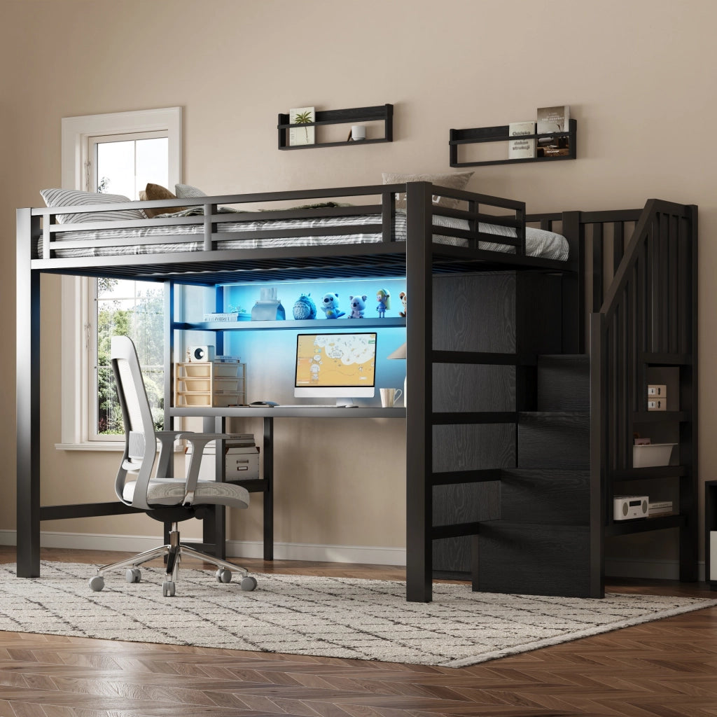 Letto a soppalco 140 × 200 cm con scrivania, scaffale, guardaroba e scala contenitore, senza materasso, nero