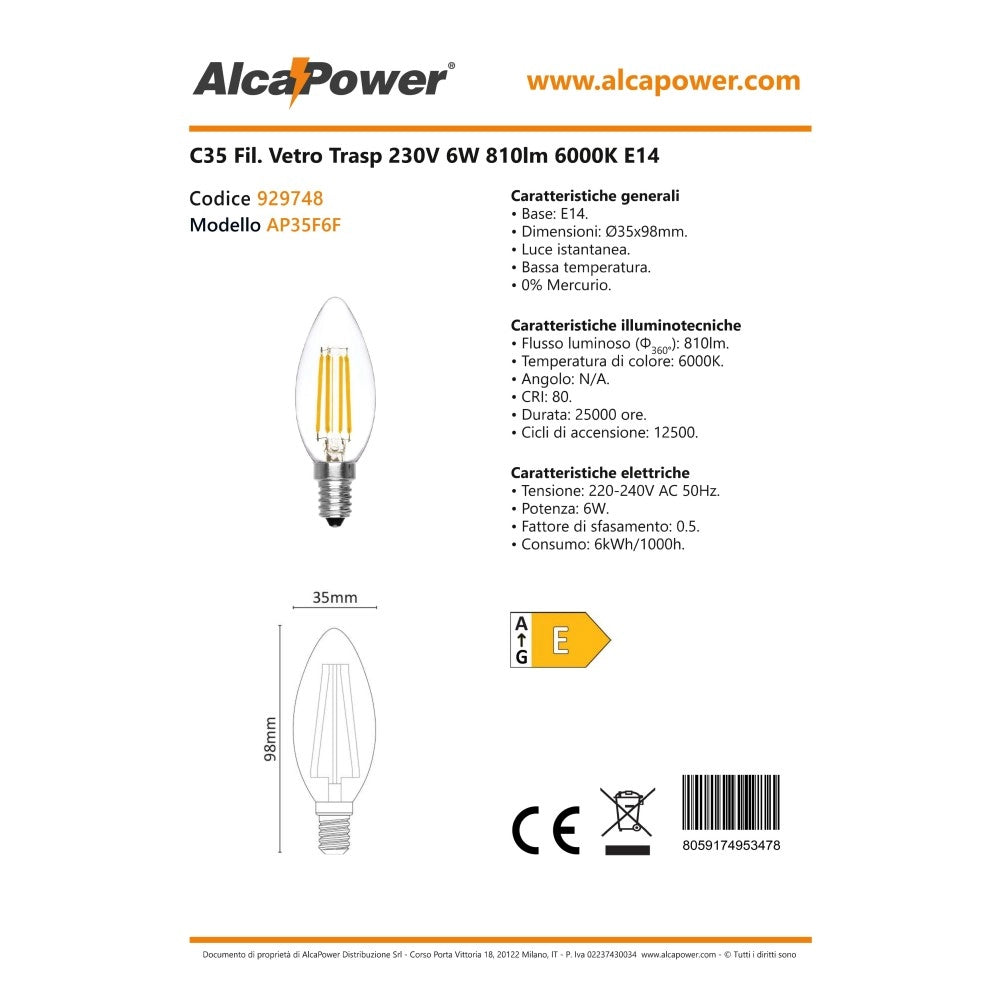 Alca power c35 6w 230v 810lm 6000k e14 lampada oliva a filamento a led vetro trasparente