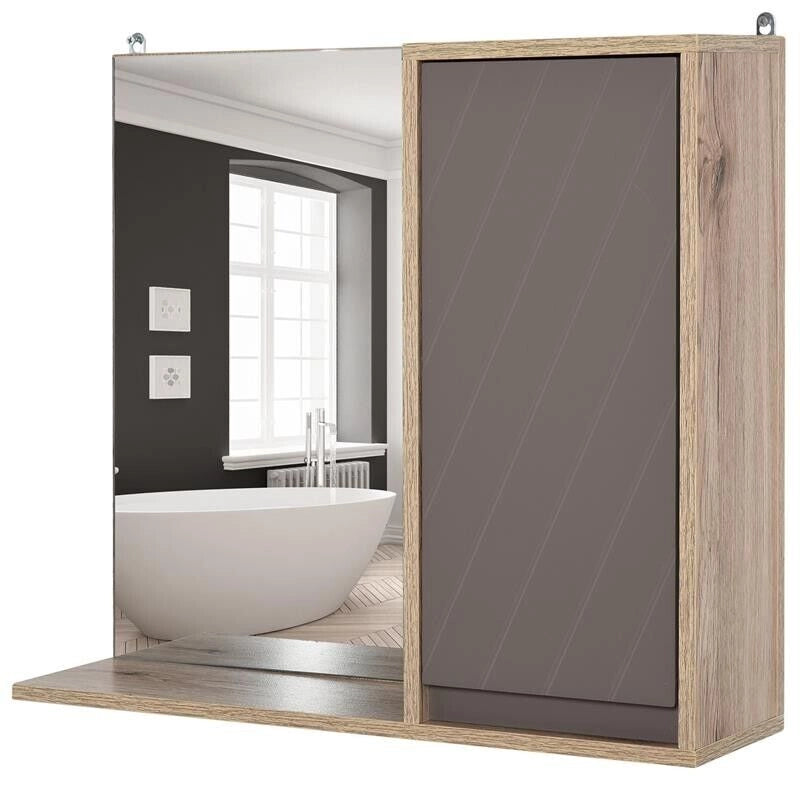 ARMADIETTO PENSILE PER BAGNO CON ANTA A SPECCHIO GRIGIO E ROVERE