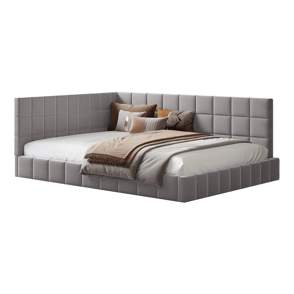 OKWISH Letto Divano 140×200 cm, Letto Matrimoniale con Schienale, Braccioli e Doghe, senza Materasso, in Tessuto Imbottito, Grigio