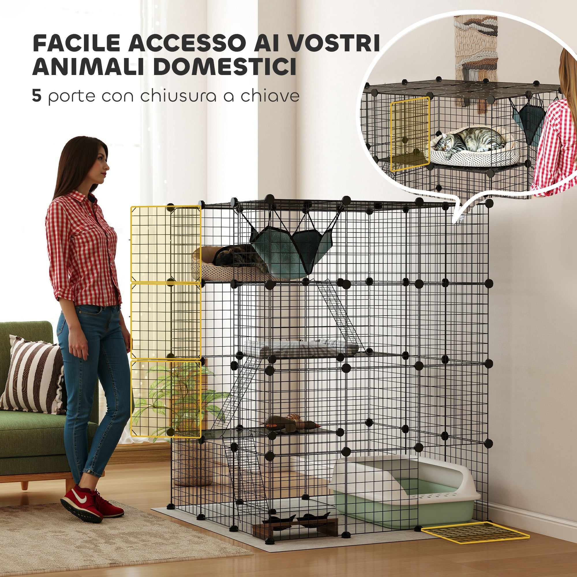 Box Recinto per Gatti Modulabile a 4 Livelli 105x105x140 cm 5 Ingressi e Rampe in Acciaio e PP Nero