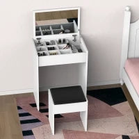 Tavolo da Trucco con Specchio Richiudibile, Tavolo da Trucco Moderno, con Sgabello, Vano Contenitore (10 Scomparti), MDF Bianco, 60.2 x 40.2 x 79cm