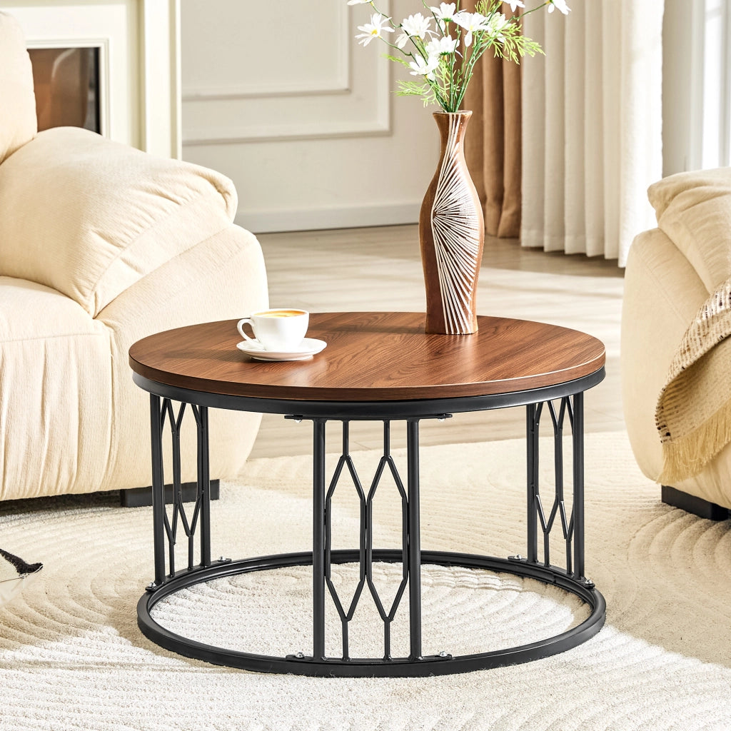 Tavolino basso rotondo con piano effetto legno, base in metallo e anello antiscivolo per soggiorno, noce, 70 × 40,5 cm