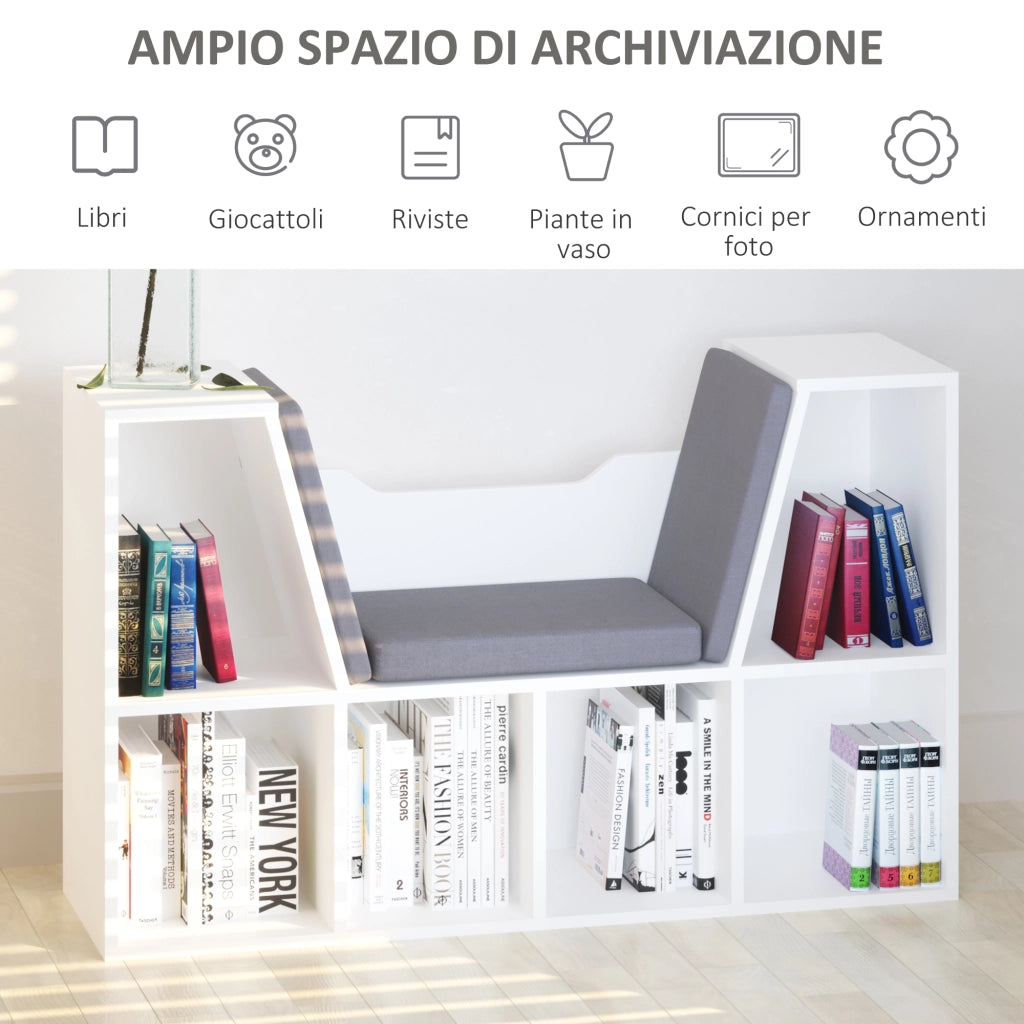 Mobile Libreria 102x30x61 cm a 6 Sezioni Seduta con Cuscini Morbidi in Legno Spugna e Poliestere Bianco