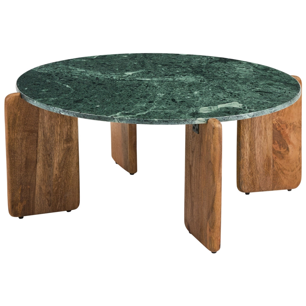 Tavolino con piano in marmo verde scuro e marrone e gambe in legno di mango, 80 cm, stile moderno, rotondo, per soggiorno