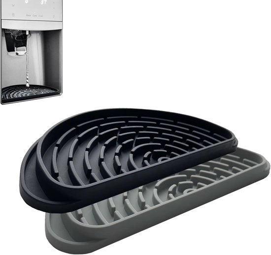 Lekbak in silicone per frigorifero, confezione da 2. Previene il sovracollo di cubetti di ghiaccio e acqua, si adatta alla lekbak del frigorifero, riciclabile e si asciuga rapidamente (a forma semilunare, nero + grigio).