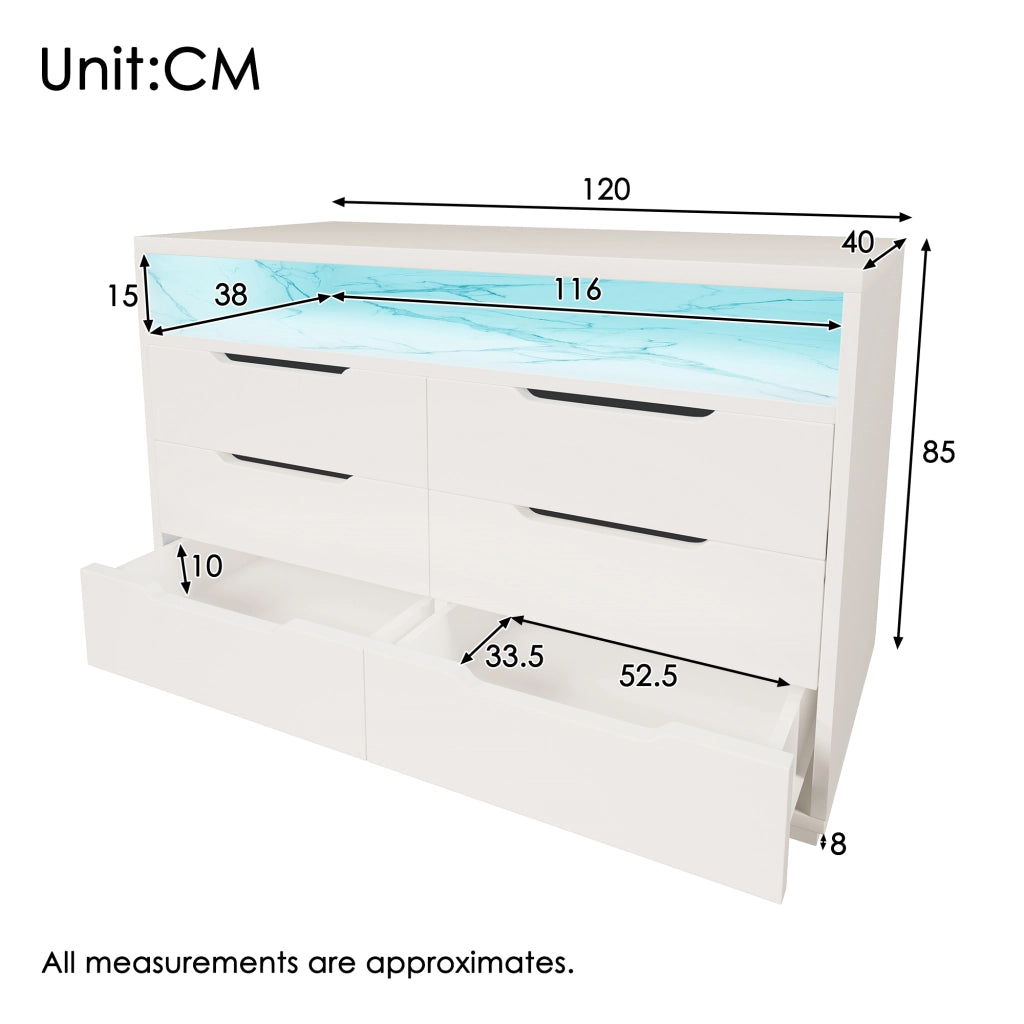 Credenza con 6 Cassetti e LED; Vano Aperto Effetto Marmo; Stile Moderno; in Pannello Truciolare e Metallo; 120??40??85 cm; Bianco
