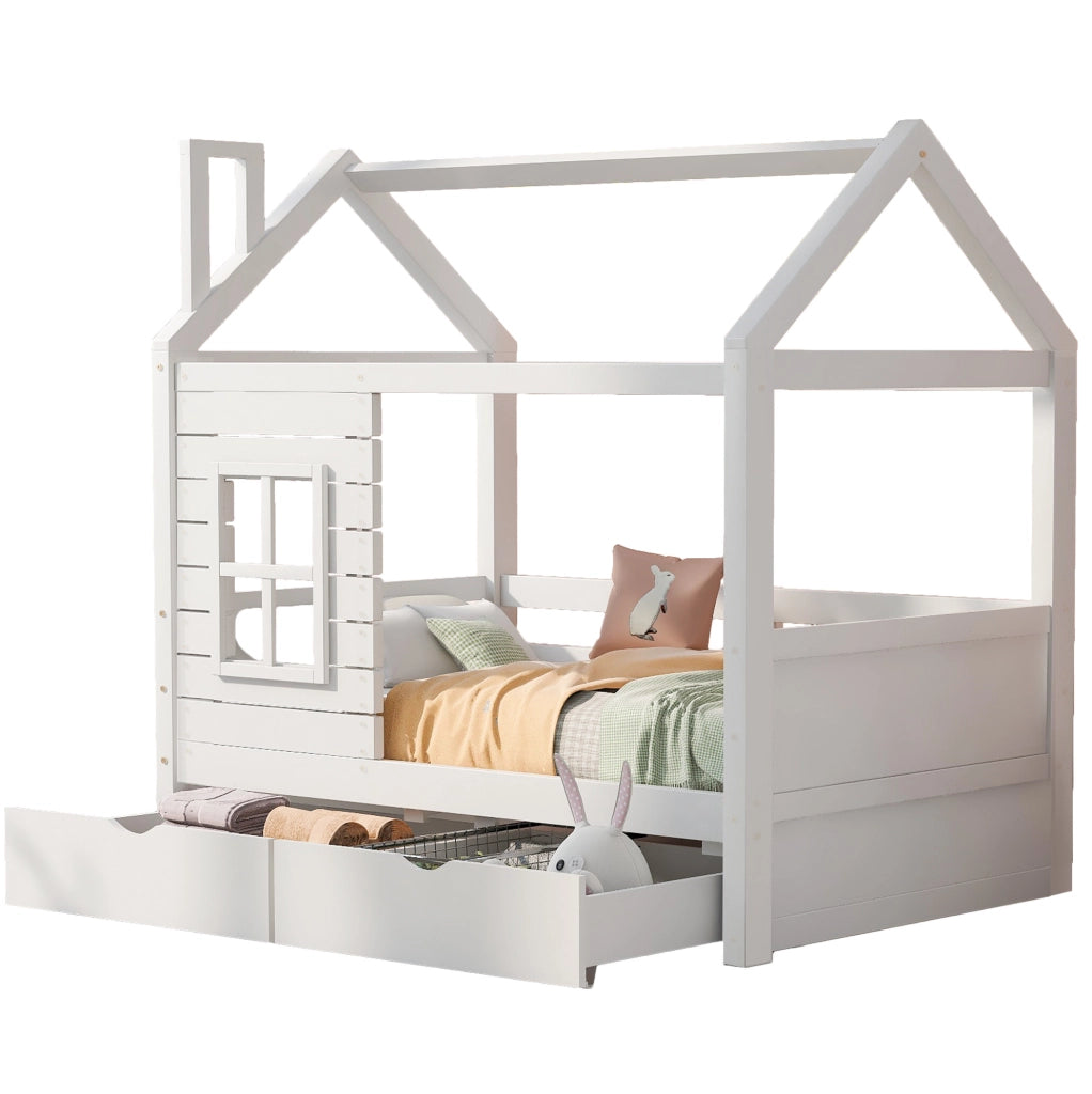 Letto per bambini 80x160 cm; casetta con finestre e cassetti; legno; bianco (Senza materasso)