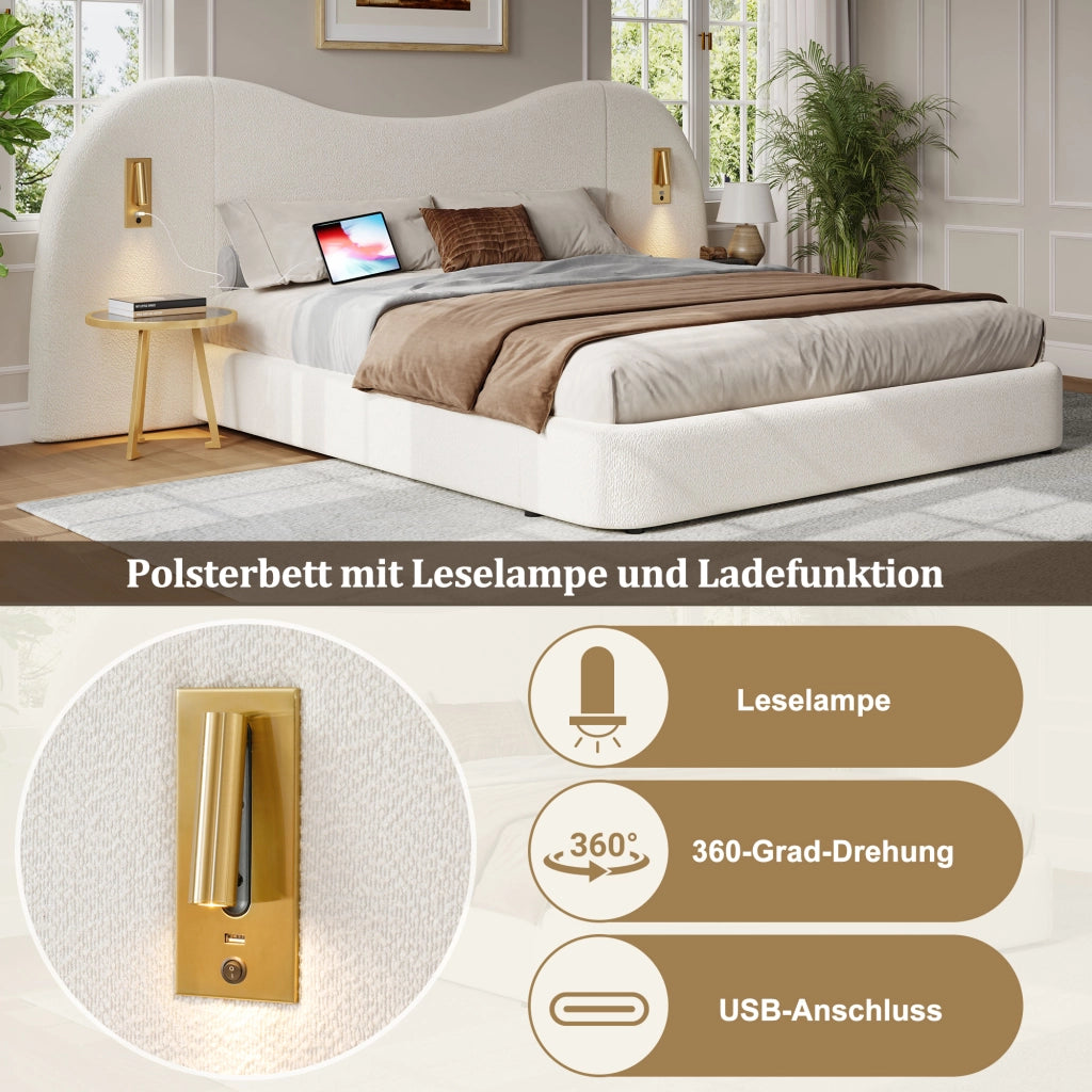 Letto imbottito con contenitore idraulico, USB e lampada, 180x200 cm, bianco bouclé