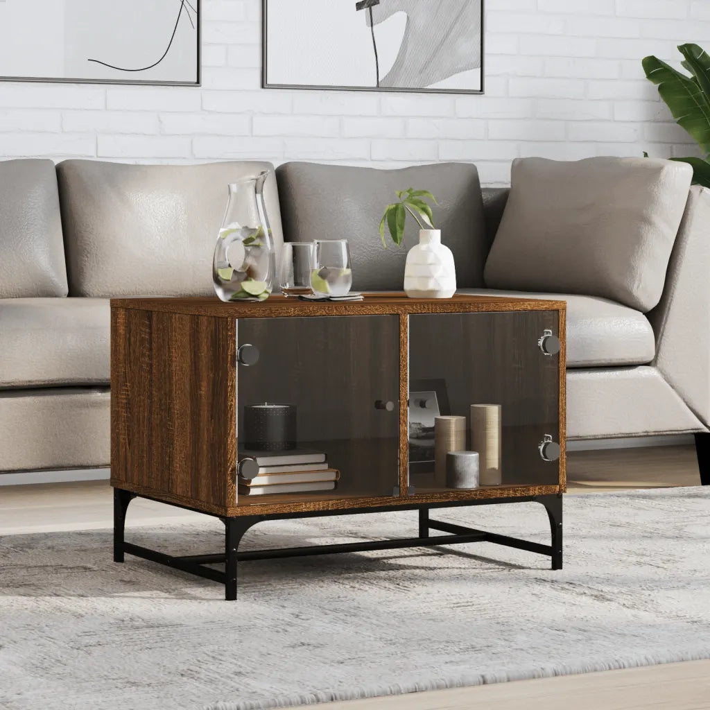 Tavolino salotto | Tavolino da caff¨¨ | Tavolino da Soggiorno con Ante in Vetro Rovere Marrone 68,5x50x50cm