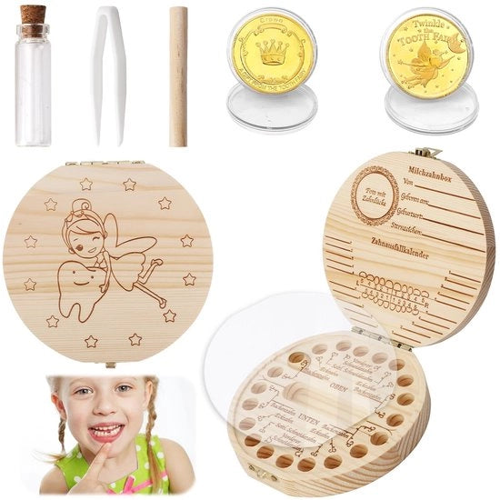 Cassetto per Denti in Legno - Set di Muniti per Denti - Supporto per Capelli - Ricordo dei Primi Denti - Ideale Regalo per i Bambini - Cassetto per Denti