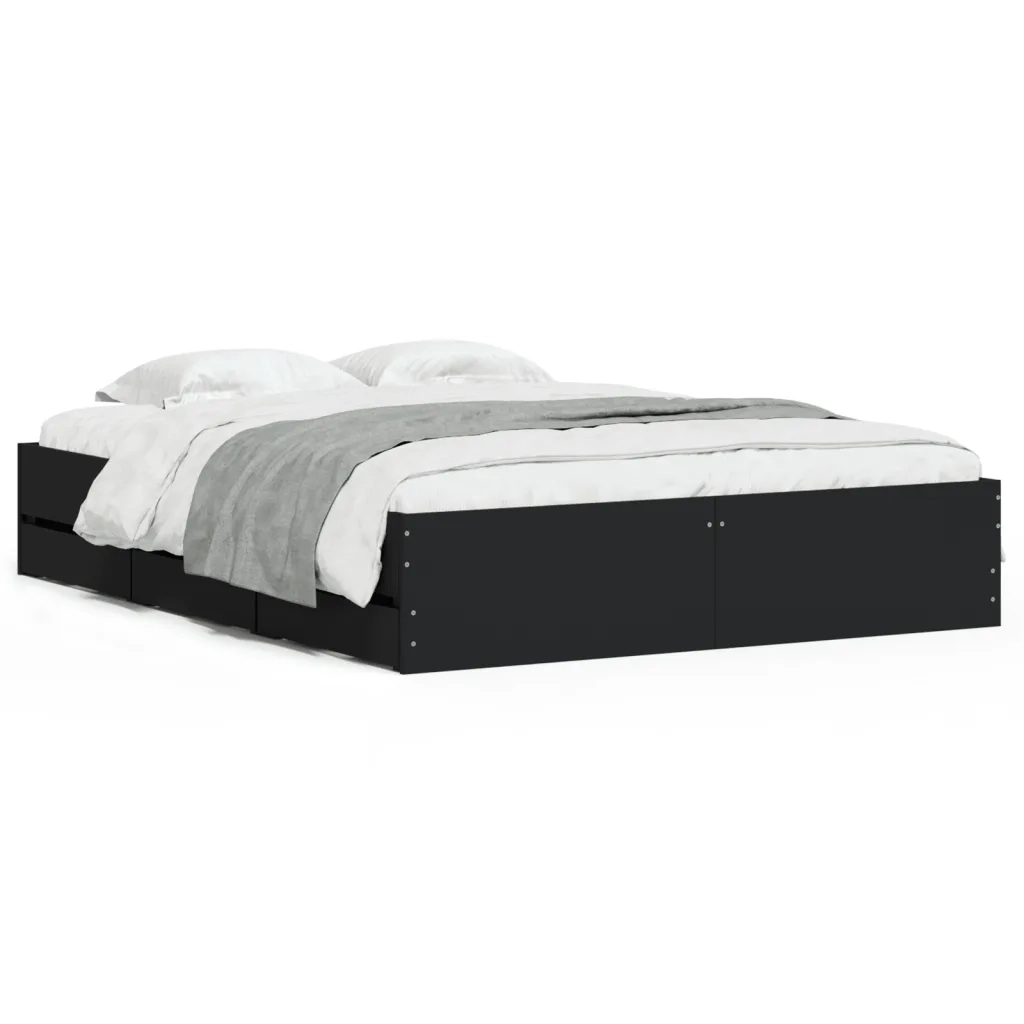 Letto matrimoniale | Letto per adulti | Giroletto con Cassetti Nero 150x200 cm in Legno Multistrato