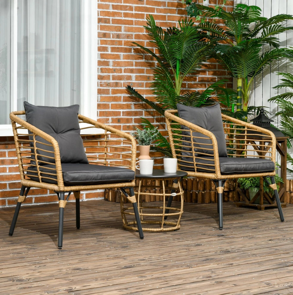 Bistro set 3 pezzi in rattan PE con tavolino; cuscini; sabbia