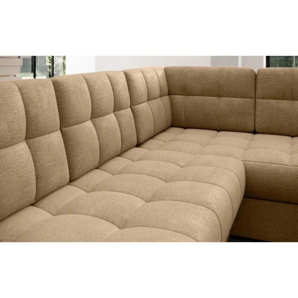 Divano ad angolo convertibile MONTEZA marrone chiaro sinistro 299 cm con vano contenitore e letto