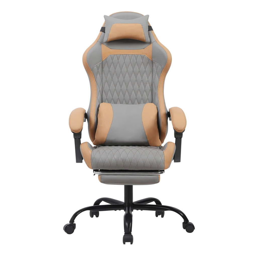Sedia gaming ergonomica in PVC grigio e marrone con schienale imbottito, tasca posteriore e base in metallo KD