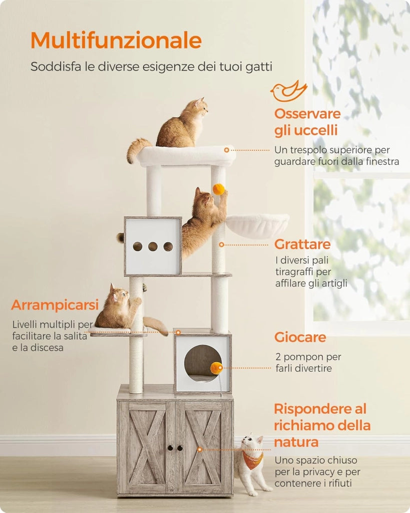 Feandrea Albero per Gatti Moderno, Tiragraffi con Mobile per Lettiera, 185 cm, Condominio per Gatti, Graffiatoi, Trespolo, Cuscini Lavabili, Greige PCT116G01