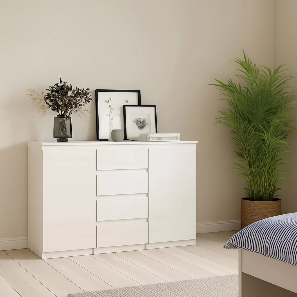 Credenza con ante e Angelika, colore bianco lucido, cm 120 x 90 x 50