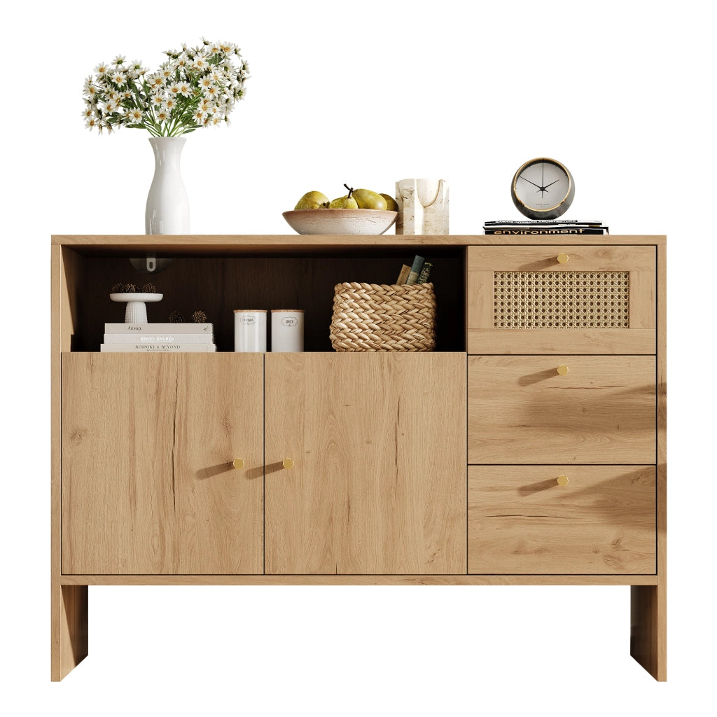Credenza con 2 Ante e 3 Cassetti in Legno con Rattan ¨C MINIMAL ¨C 105x40x76
