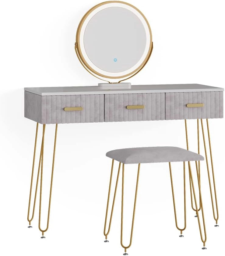 Vicco Tavolo da toeletta Layla, Grigio, 100 cm con illuminazione LED e sgabello, con illuminazione a LED e panca imbottita