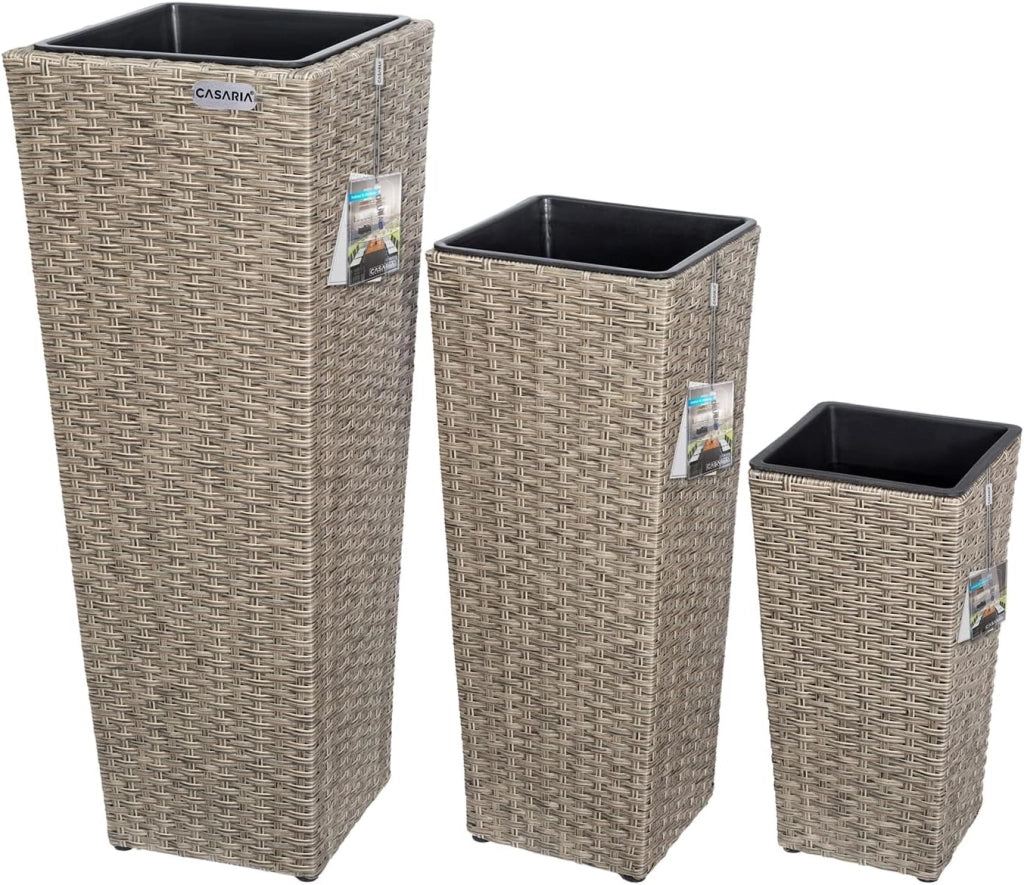 Deuba CASARIA® Set di 3 Vasi da Fiori in Polyrattan Intrecciato con Sottovaso e Foro Deflusso Acqua Richiudibile Vaso per Piante Effetto Rattan da Esterno Giardino Fioriere Fioriera