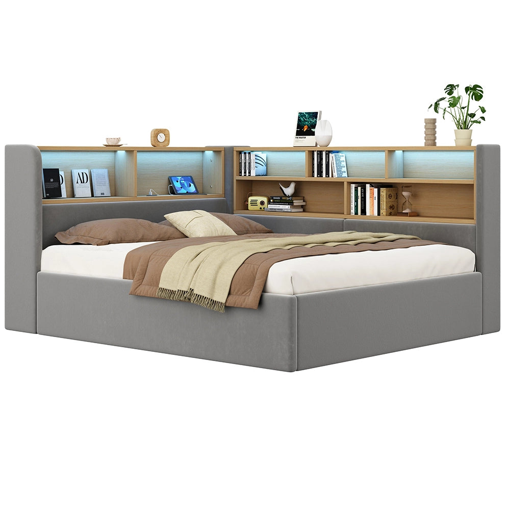 Divano letto con contenitore idraulico - Xylo - 140x200 cm - Grigio - LED, USB, velluto