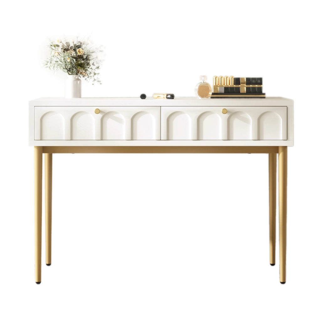 OKWISH Toeletta con 2 Cassetti, Contenitore Compatto, per Camera da Letto, in Legno e Metallo, Bianco Crema, 100×45×76.5 cm