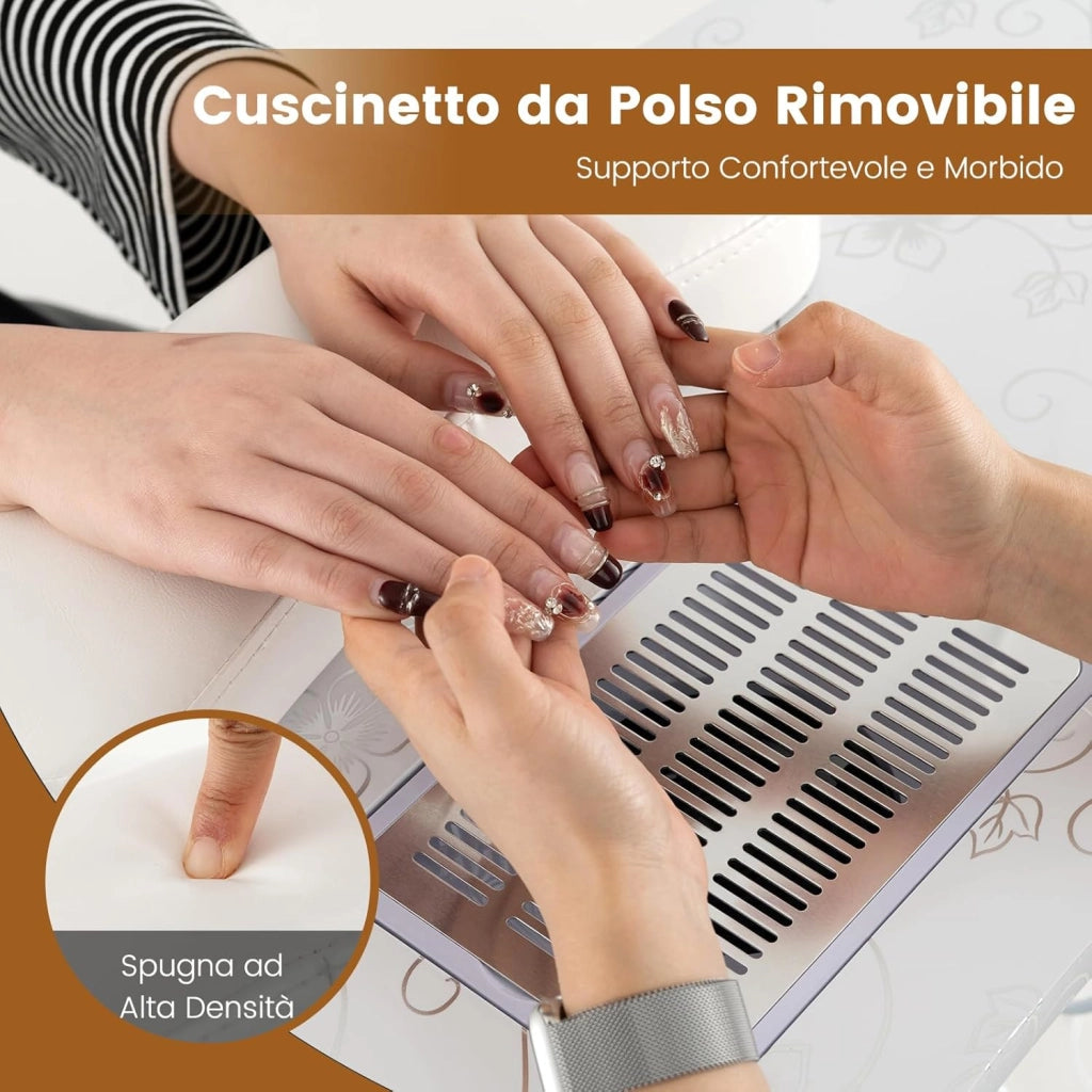 Tavolo per Manicure Pieghevole con Aspiratore, Tavolo per Unghie Portatile con Luce LED Regolabile, Cuscino Poggia Polso Rimovibile, Borsa da Trasporto e 4 Ruote Bloccabili