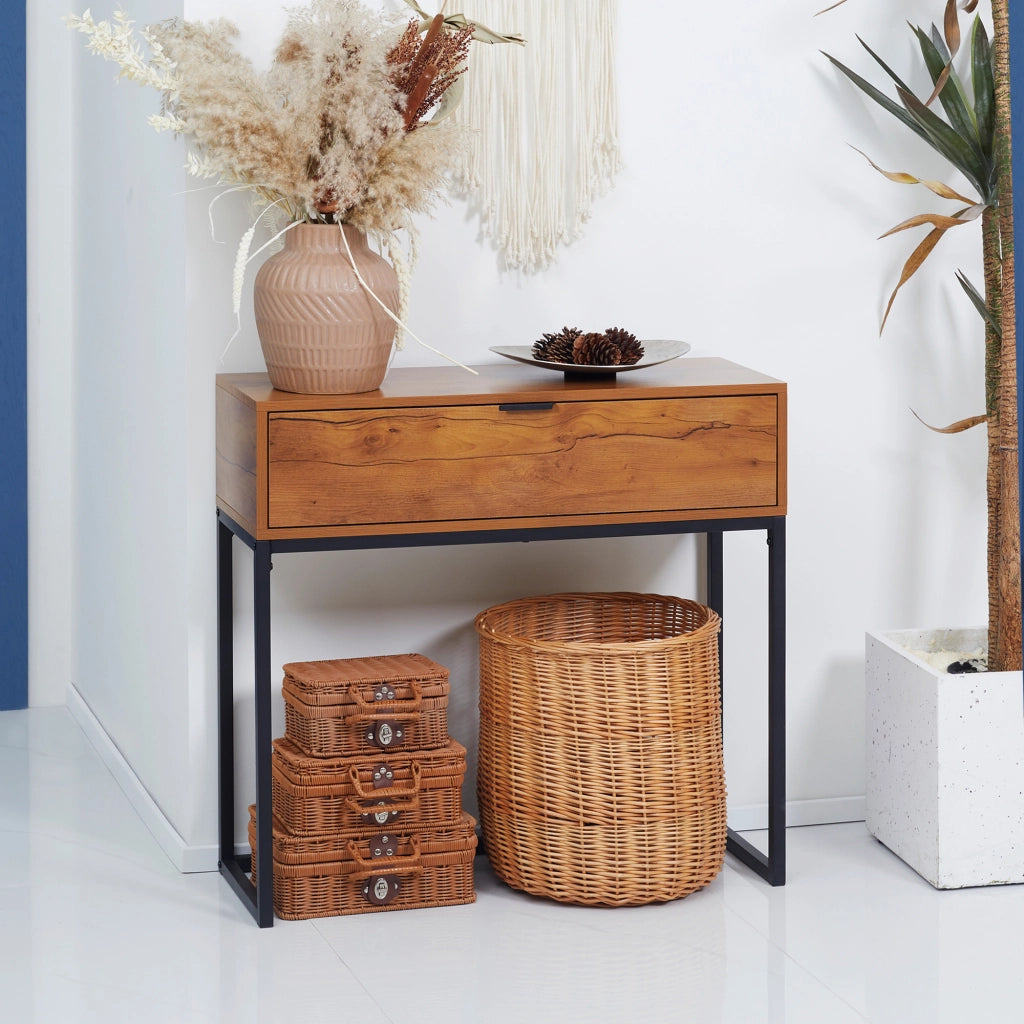 Tavolo console con cassetto e gambe in acciaio ¨C zephmum ¨C marrone 80x30x76