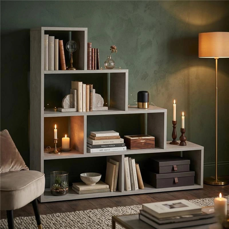 SCAFFALE A LIBRERIA DI DESIGN A SCALA L IN LEGNO DIMENSIONI 144X150X38 CM, COLORE CEMENTO