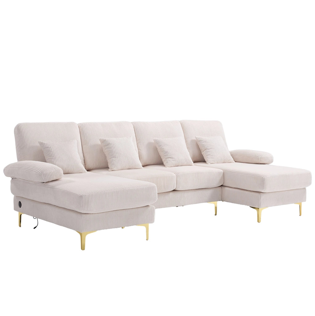 Divano a U 265x135x88 cm con illuminazione LED e porta USB in velluto beige