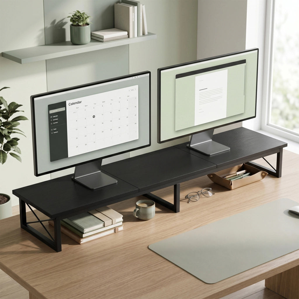 Supporto Monitor da Scrivania 114x30x16,5 cm Rialzo in Legno e Metallo Nero