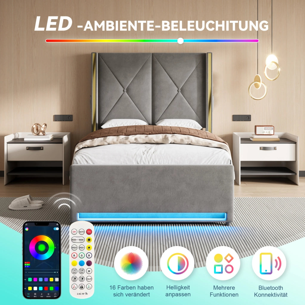 Letto singolo 90x200 in velluto grigio con LED, USB-C e contenitore