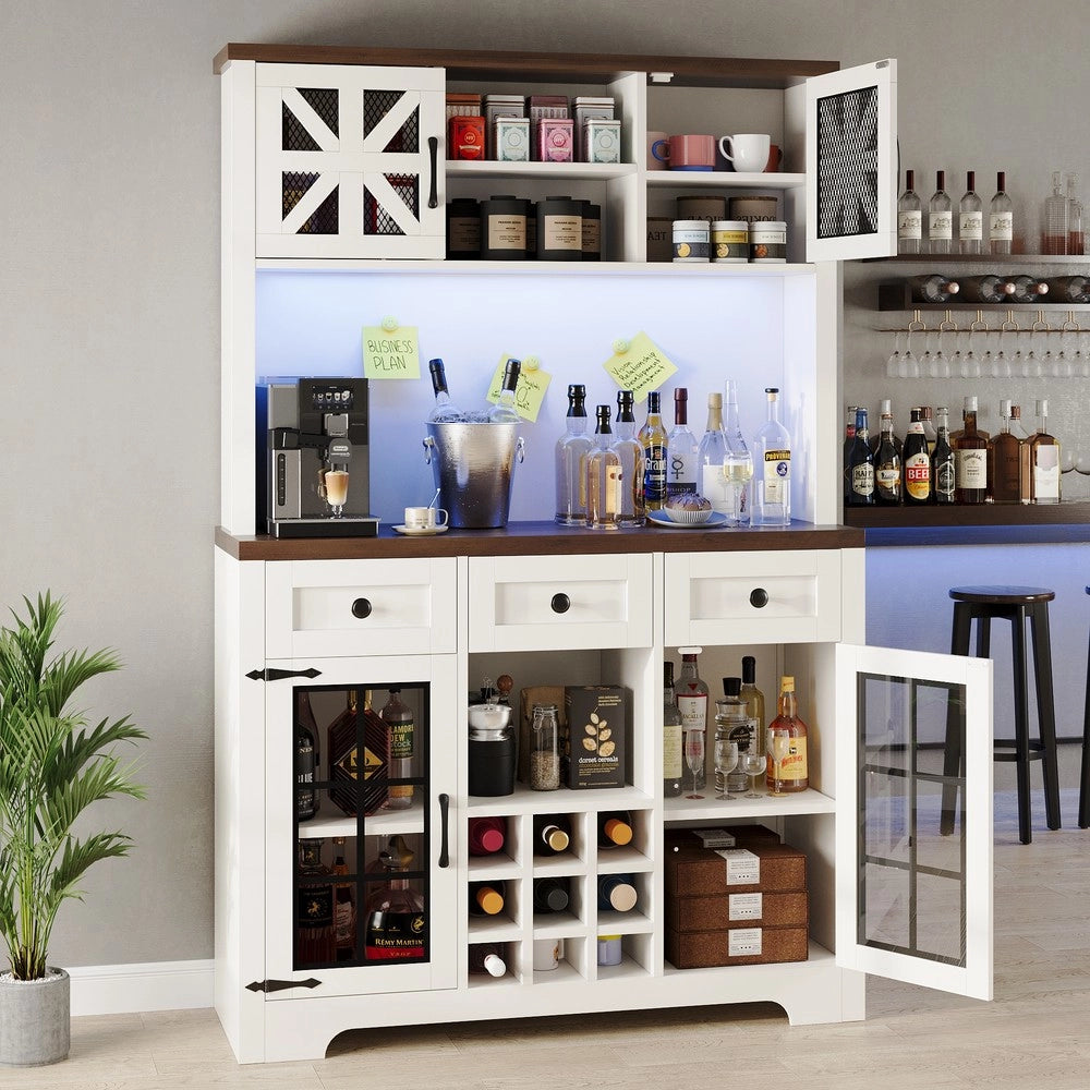 Mobile Alto da Cucina con LED e Portabottiglie ¨C Xylo ¨C Bianco, Ripiani Regolabili