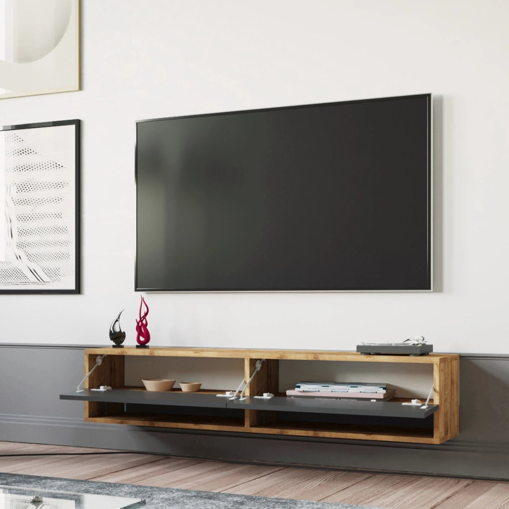 Consolle da Parete 'Laitila' con 2 Ante e Scomparti Mobile Pensile Porta TV 140 cm - Rovere Rustico/Antracite [en.casa]