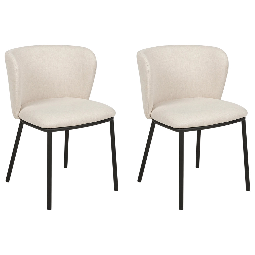 Set di 2 sedie da pranzo in poliestere bianco sporco Rivestimenti in metallo nero Gambe senza braccioli Schienale curvo Design moderno e contemporaneo