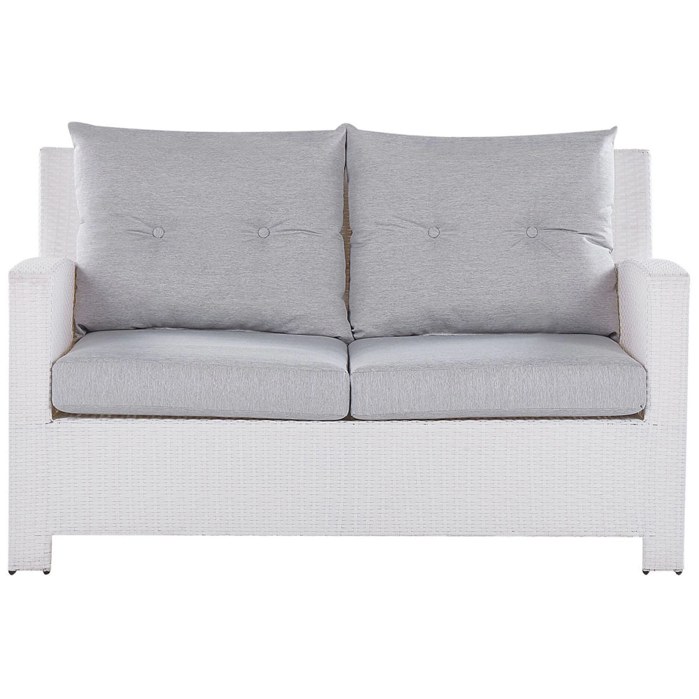 Set divano da giardino bianco finto rattan grigio cuscini esterni in vimini set di conversazione