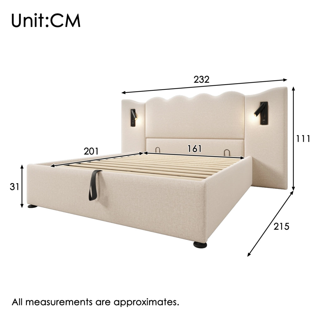 Letto matrimoniale 160x200 cm in lino beige con luce da lettura; USB Type-C e vano contenitore