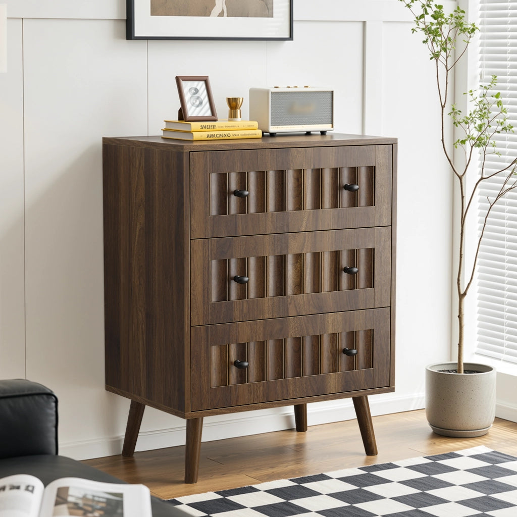 Cassettiera a 3 cassetti con finitura effetto noce, mobile contenitore moderno in MDF con gambe in legno massello