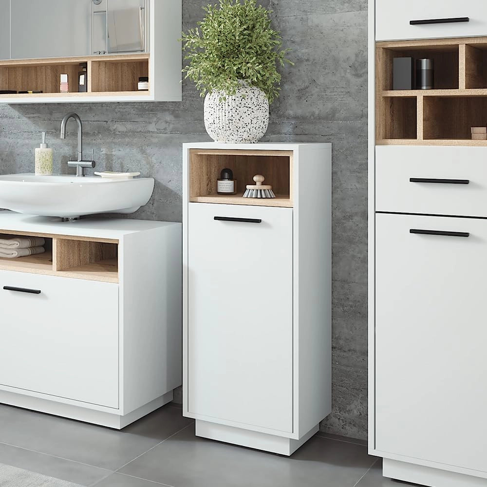 Mobiletto da bagno Beatrice, Bianco/Sonoma, 38 x 93 cm con tasca interna rimovibile