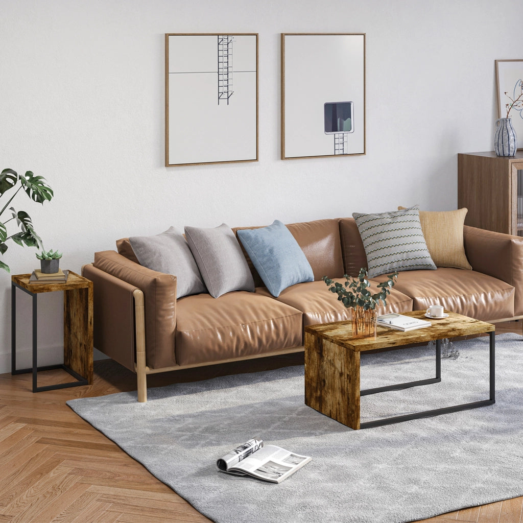 Set 2 Tavolini da Caff¨¨ Impilabili ¨C Xylo ¨C Metallo Nero e Legno Marrone 90x48x42cm