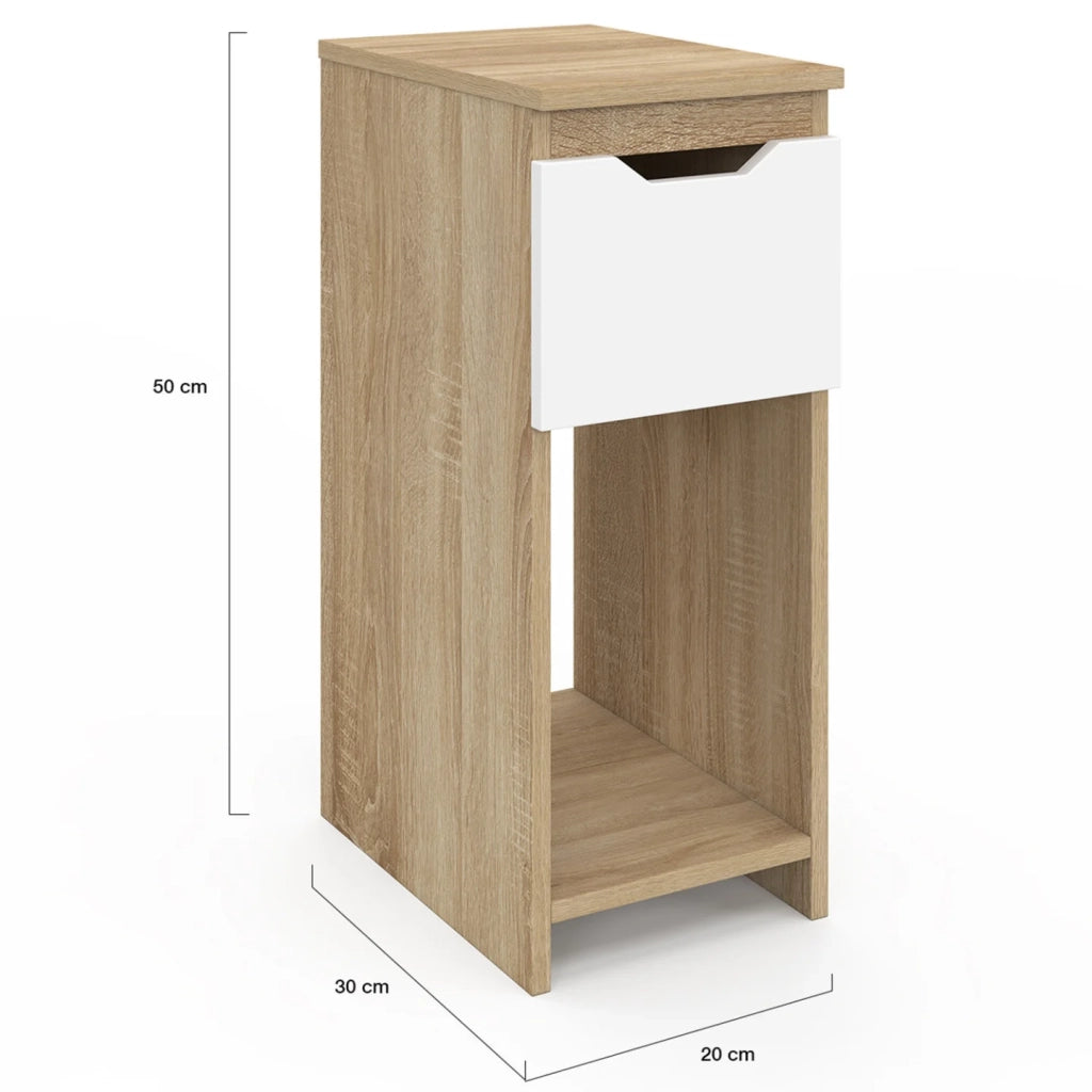 IDMarket - Set di 2 comodini stretti a 1 cassetto ANOUK con nicchia in faggio e bianco